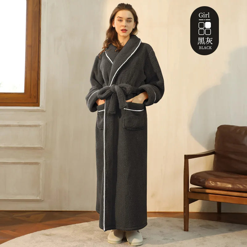 Men's Winter Bathrobe Long Sleeve Warm Turn Down Collar Man Fluffy Bath Robe With Sashes Solid Fleece Dressing Gown For Male