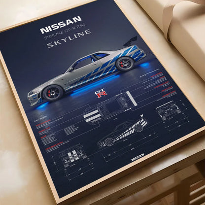 1pc Luxury Super Sport Car R34 GTR 240sx Poster Self-adhesive Art Waterproof Paper Sticker Coffee House Bar Room Wall Decor