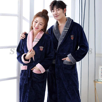 Winter New Coral Fleece Sleepwear Couple's Sleeping Robe Women's Home Clothes Bathrobe Men's Oversize Flannel Thickened Yukata