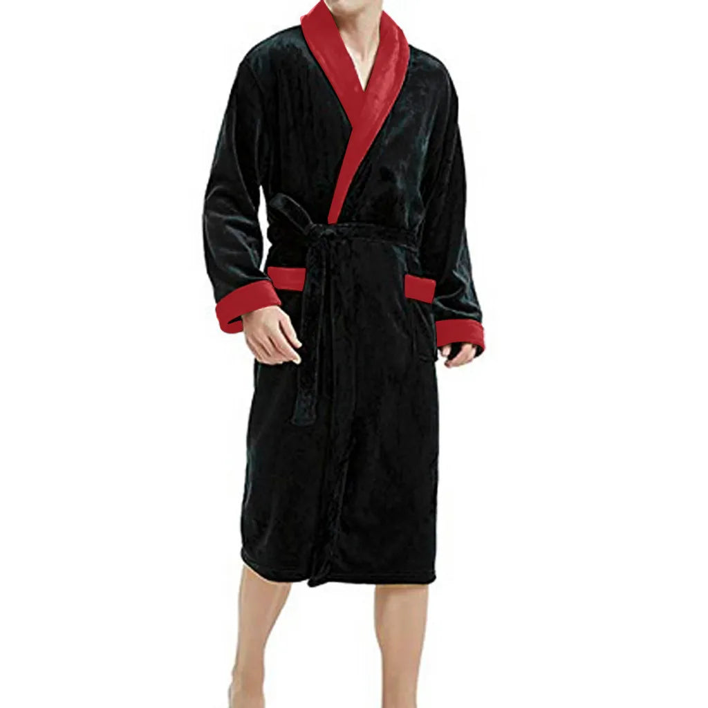 2024 Winter Men's Bathrobe Solid Color Belt Flannel Hooded Bath Robe Pockets Warm Men Nightgown Home Gown Sleepwear Men Clothing