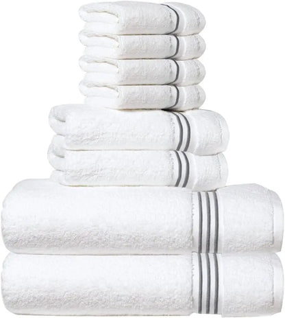 8-Piece Premium Towel Set, 2 Bath Towels, 2 Hand Towels, and 4 Wash Cloths, 100% Ring Spun Cotton Highly Absorbent Towels