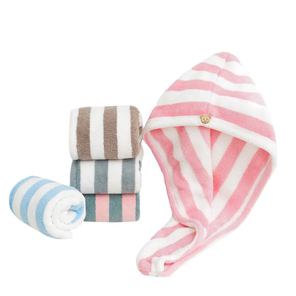 Microfiber Hair Towel Wrap Thickened Coral Velvet Cationic Dry Hair Cap Water Absorption and Quick Drying Striped Bath Cap