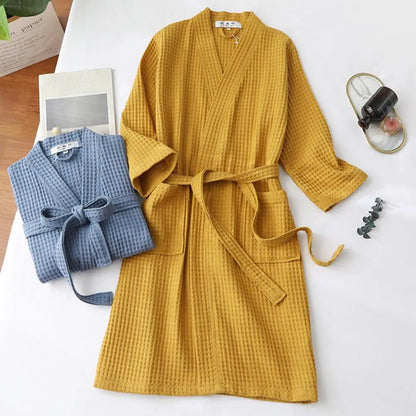 Long Waffle Bathrobe Unisex Men's V Neck Lace-up Nightgown with Pockets Loose Long Sleeve Sleepwear Towel Bathrobe for Hotel