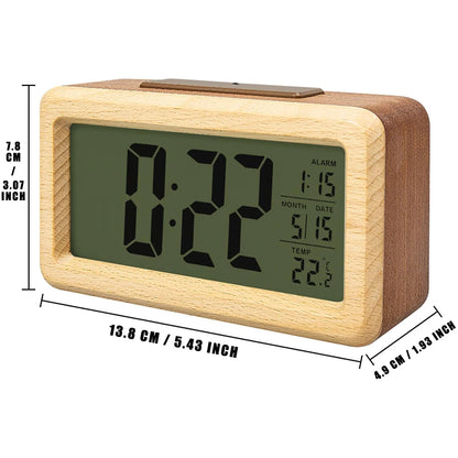 Wooden Alarm Clock with Calendar and Temperature displayed. Solid Wood Digital Clock for Desktop Decoration. Gift Idea