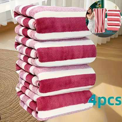 4pcs Coral Fleece Towel Set, Contemporary Striped, Super Soft, Quick-Dry, 13.7 x 29.5 Inches - Perfect for Bathroom