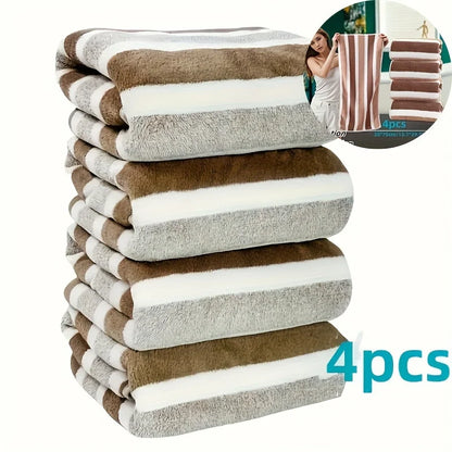 4pcs Coral Fleece Towel Set, Contemporary Striped, Super Soft, Quick-Dry, 13.7 x 29.5 Inches - Perfect for Bathroom