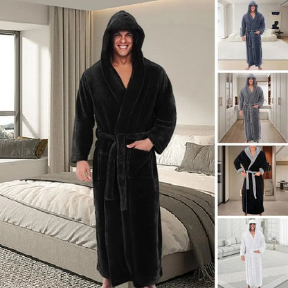 Cozy Bathrobe Luxurious Men's Hooded Bathrobe with Adjustable Belt Ultra Soft Absorbent Male Robe with Pockets Plush Solid Color