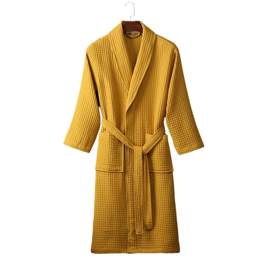 Long Waffle Bathrobe Unisex Men's V Neck Lace-up Nightgown with Pockets Loose Long Sleeve Sleepwear Towel Bathrobe for Hotel