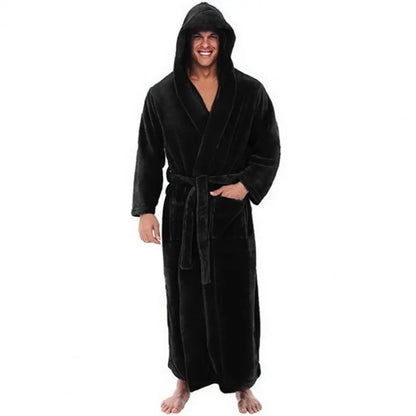 Cozy Bathrobe Luxurious Men's Hooded Bathrobe with Adjustable Belt Ultra Soft Absorbent Male Robe with Pockets Plush Solid Color