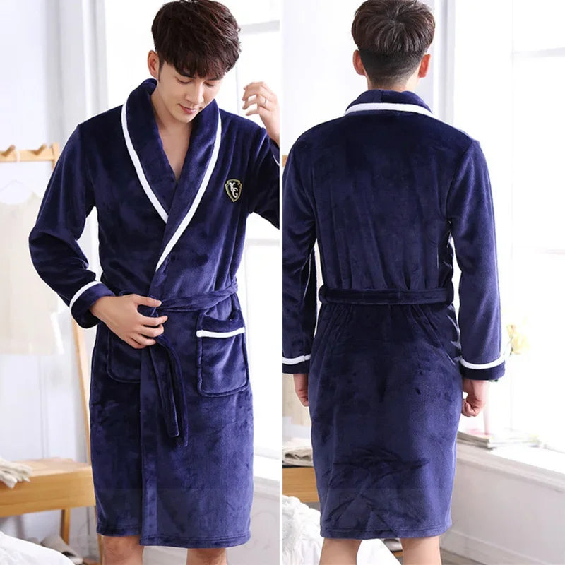 Plus Size Thick Flannel Men Robe Kimono Bathrobe Gown Coral Fleece Sleepwear Home Clothes Autumn Winter Nightwear Lounge Wear