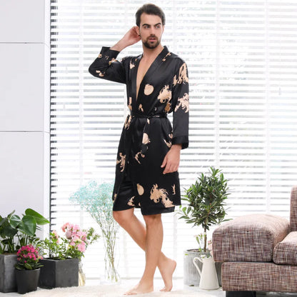 Bathrobe Men Shower Imitation Silk Black Dragon Robe Cardigan Long Nightgown Men Kimono Yukata Sleeping Gown Sexy Bed Room