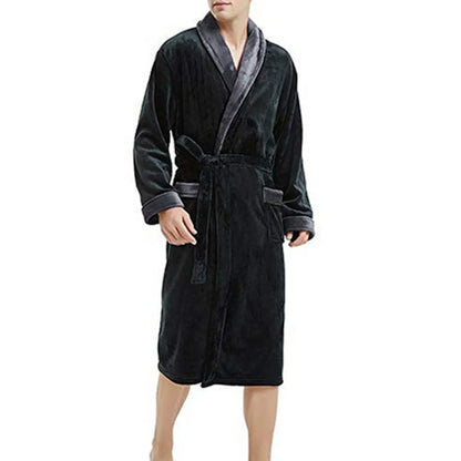 2024 Winter Men's Bathrobe Solid Color Belt Flannel Hooded Bath Robe Pockets Warm Men Nightgown Home Gown Sleepwear Men Clothing