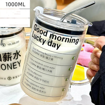 INS Style Straw Glass Cup with Handle with Lid Scale Water Cup Glass 1000ml Large Capacity Juice Milk Bottle Home Office