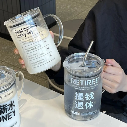 INS Style Straw Glass Cup with Handle with Lid Scale Water Cup Glass 1000ml Large Capacity Juice Milk Bottle Home Office