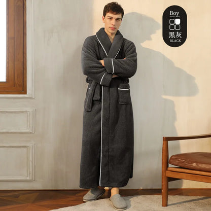 Men's Winter Bathrobe Long Sleeve Warm Turn Down Collar Man Fluffy Bath Robe With Sashes Solid Fleece Dressing Gown For Male