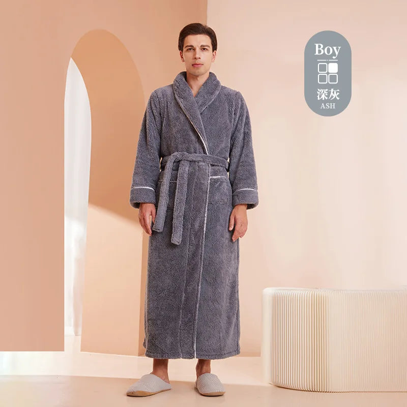 Men's Winter Bathrobe Long Sleeve Warm Turn Down Collar Man Fluffy Bath Robe With Sashes Solid Fleece Dressing Gown For Male