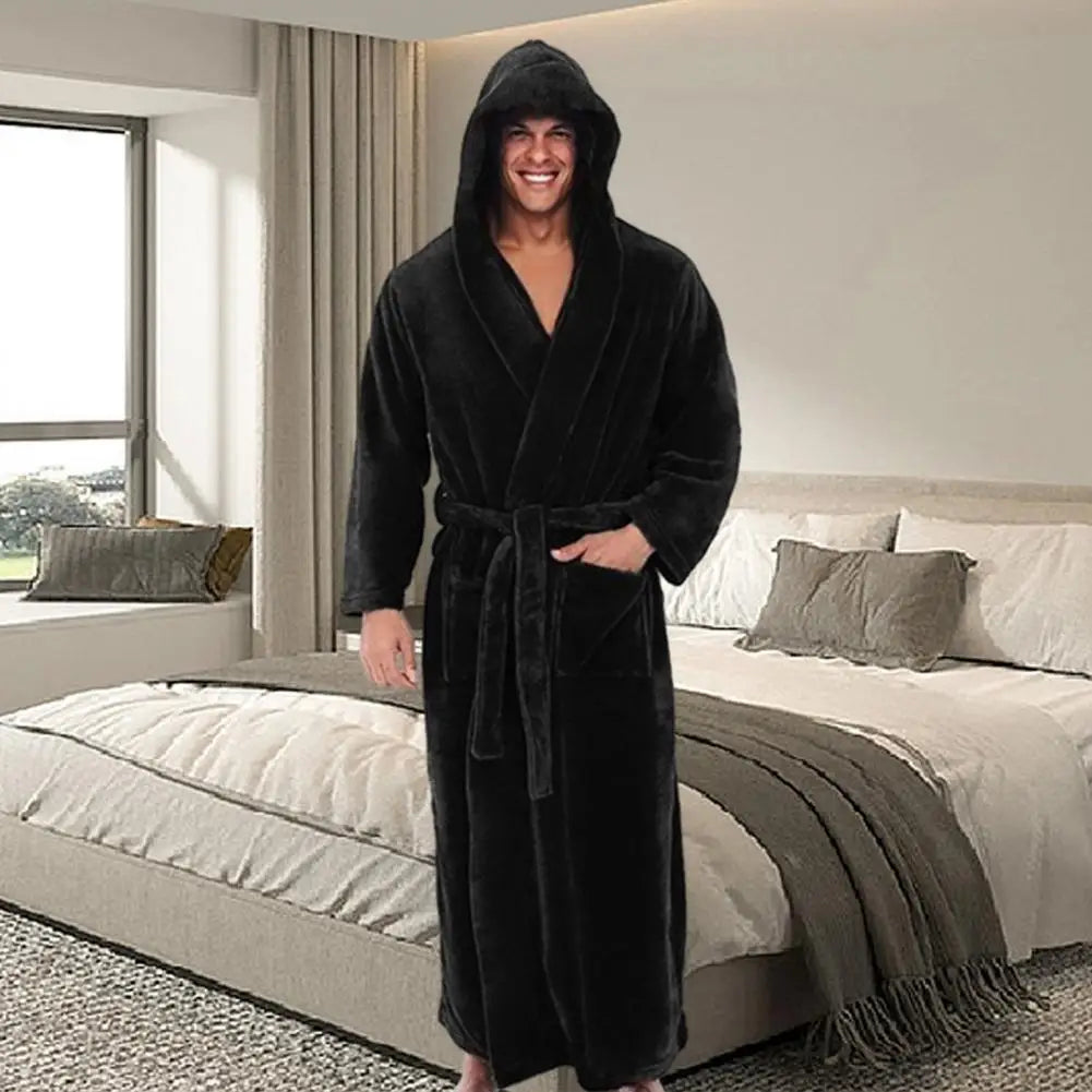 Cozy Bathrobe Luxurious Men's Hooded Bathrobe with Adjustable Belt Ultra Soft Absorbent Male Robe with Pockets Plush Solid Color