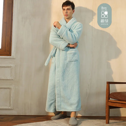 Men's Winter Bathrobe Long Sleeve Warm Turn Down Collar Man Fluffy Bath Robe With Sashes Solid Fleece Dressing Gown For Male