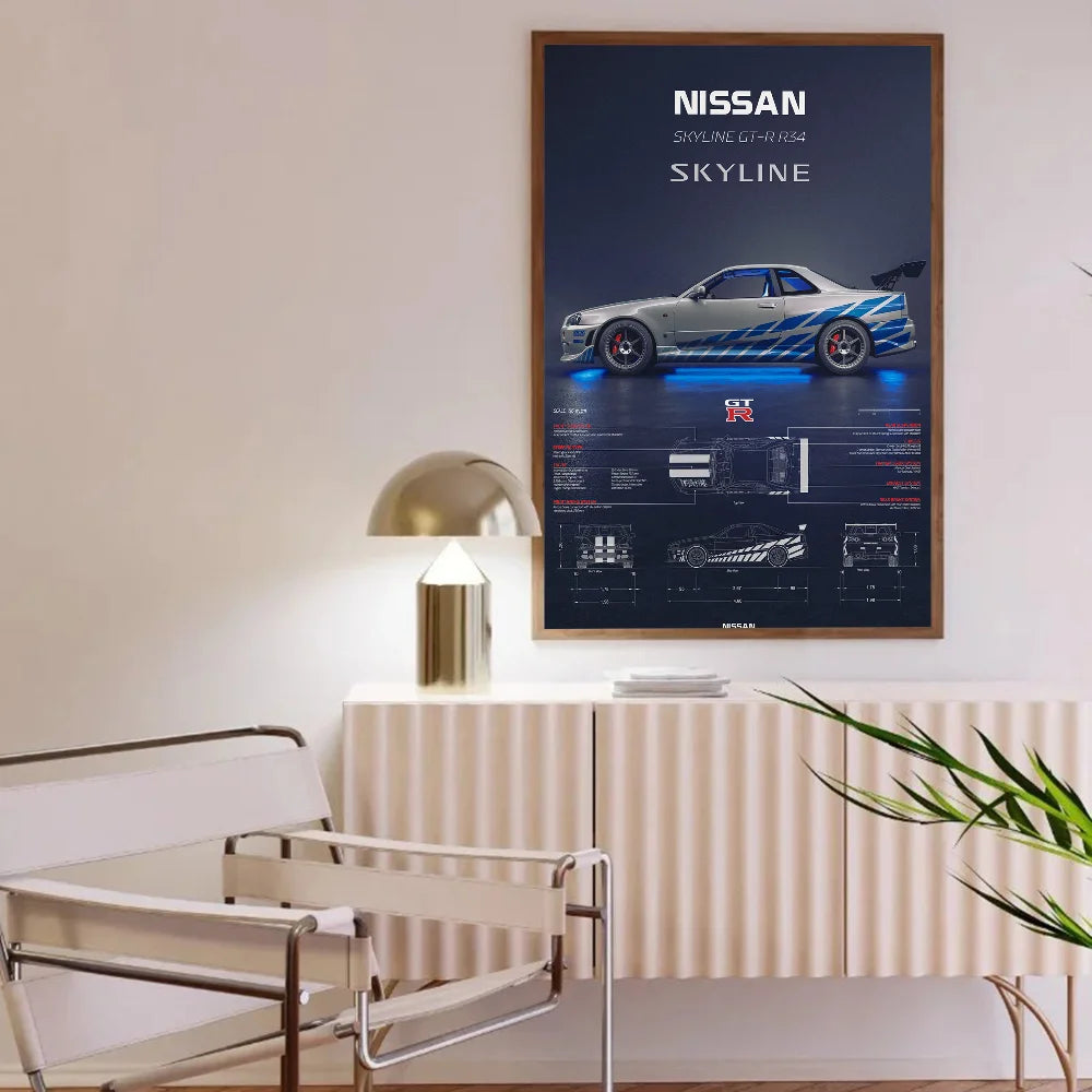 1pc Luxury Super Sport Car R34 GTR 240sx Poster Self-adhesive Art Waterproof Paper Sticker Coffee House Bar Room Wall Decor