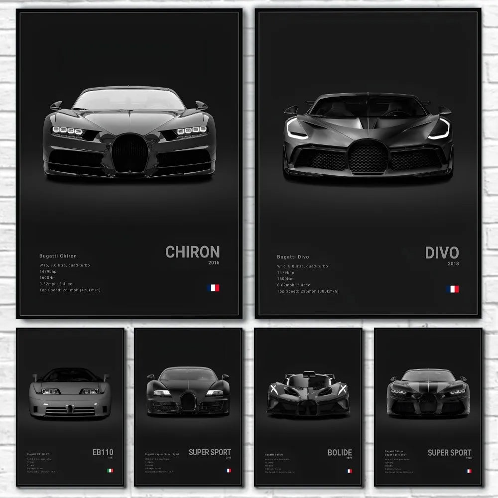 Black Supercar Cool B-BugattiS V-Veyron CHIRON DIVO BOLIDE Poster Home Living Room Wall Art Garage Room Decor