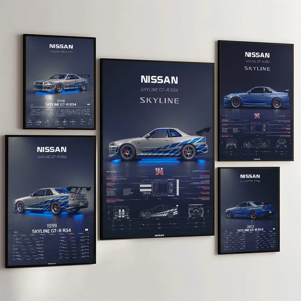 1pc Luxury Super Sport Car R34 GTR 240sx Poster Self-adhesive Art Waterproof Paper Sticker Coffee House Bar Room Wall Decor