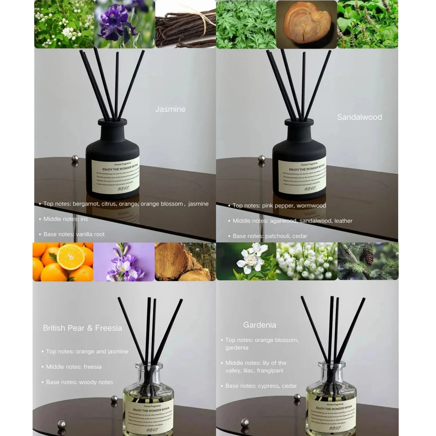 50ml Aromatherapy Essential Oil Flameless Freesia Jasmine Fragrance Oil with Reed Diffuser Stick Home Room Air Freshener Decor