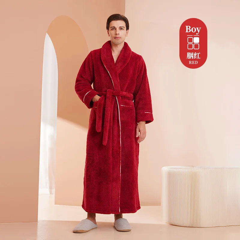 Men's Winter Bathrobe Long Sleeve Warm Turn Down Collar Man Fluffy Bath Robe With Sashes Solid Fleece Dressing Gown For Male