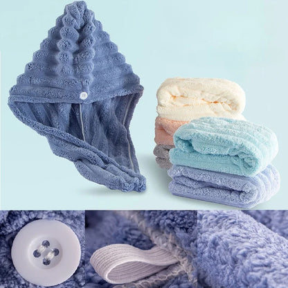 Microfiber Quick-dry Hair Towel Cap with Button Super Absorption Bath Hat Fast Drying Hair Drying Wrap 65X25CM