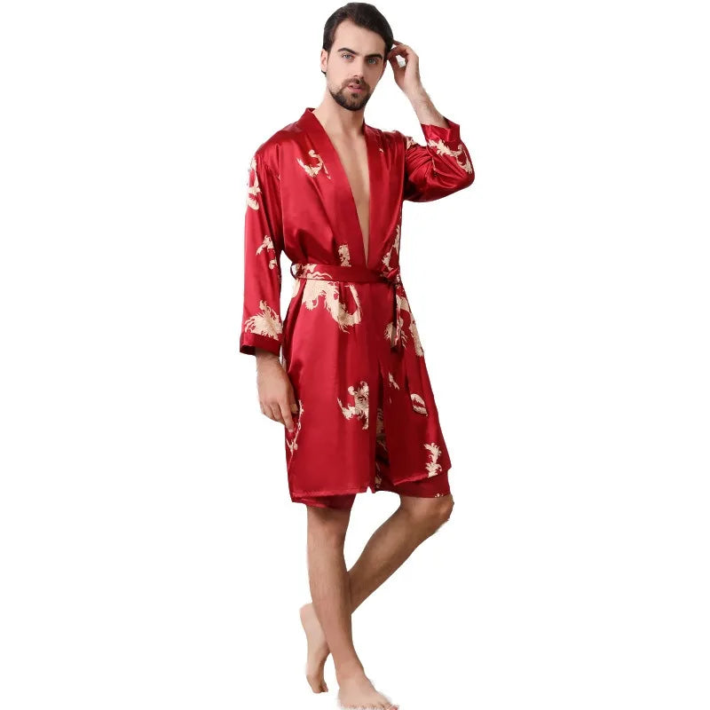 Bathrobe Men Shower Imitation Silk Black Dragon Robe Cardigan Long Nightgown Men Kimono Yukata Sleeping Gown Sexy Bed Room